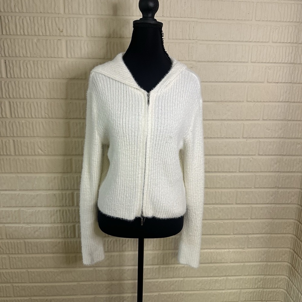 GB Ivory Ribbed Eyelash Knit Hoodie Full Zip Cardigan Cropped Womens Sz L Bridal